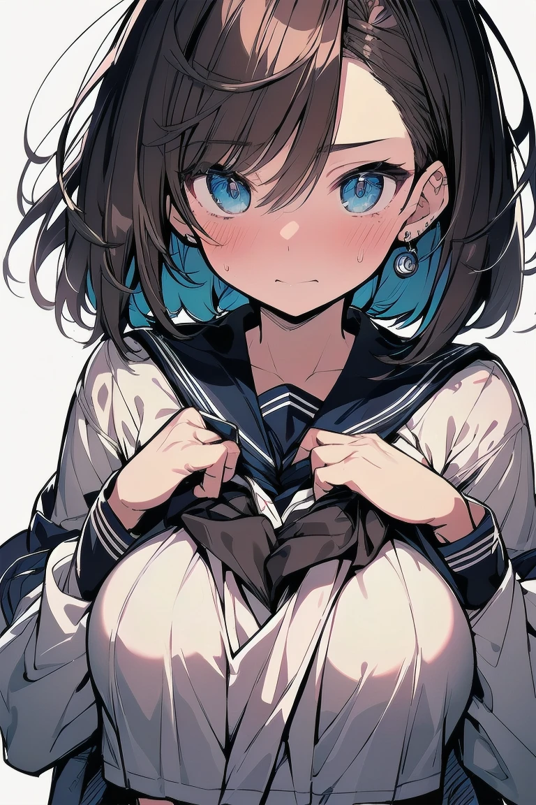 (best quality), (Super detailed), (Best Illustration), (masterpiece), (woman), hands on own chest, {(white serafuku:1.2)}, (large breasts:1.2), {brown hair, (sideburns), (bob cut:1.3), curly hair, hairs between eyes, colored inner hair}, {(detailed eyes), blue eyes}, embarrassed, blush, earring, wind, white background