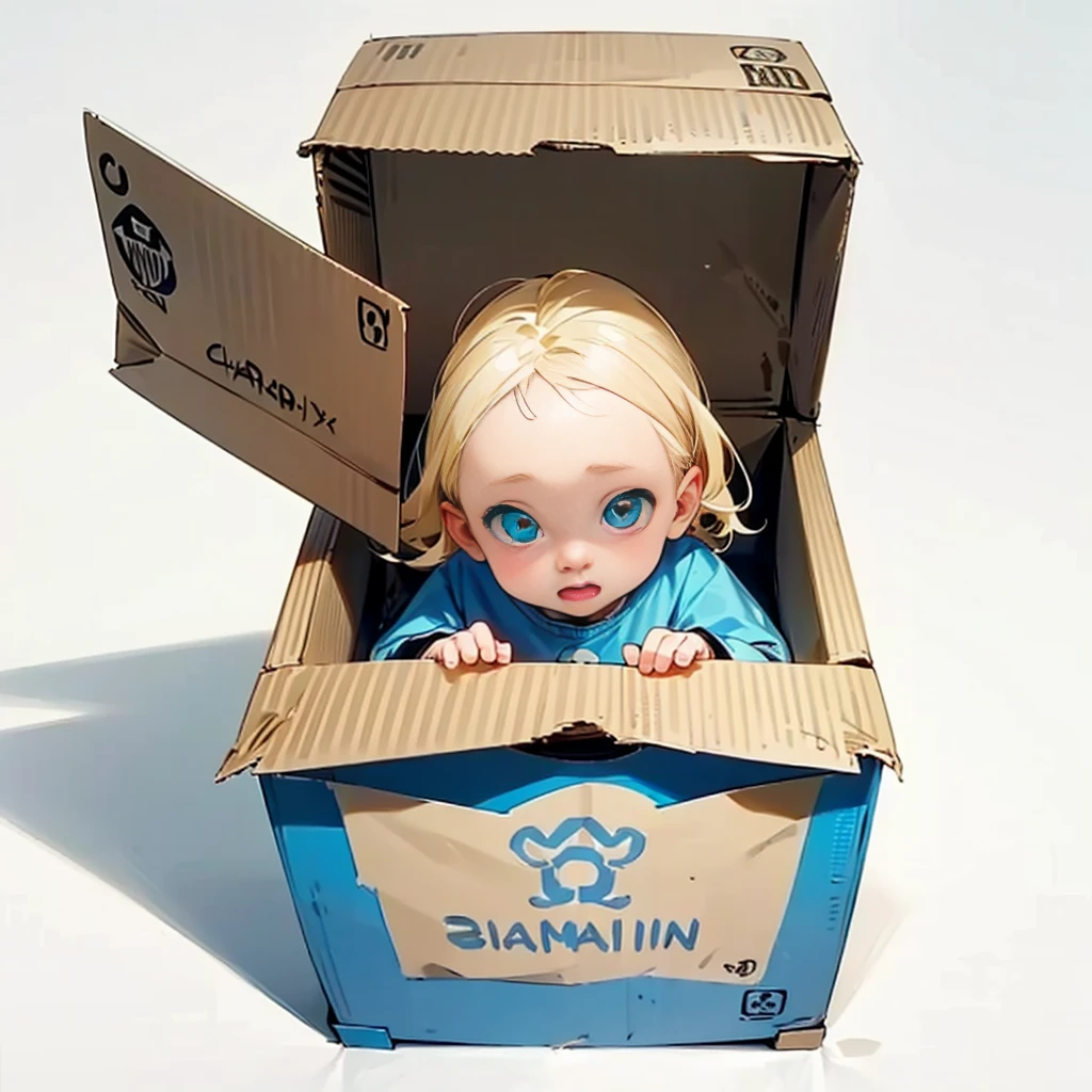 A cardboard box, 1 cardboard box, Blue color, has official writing, There is writing from "Manchester city", there is writing "Baby", (baby albino, blonde colour hair, narrow eyes, His cheeks were red, his nose red, his eyes narrow)