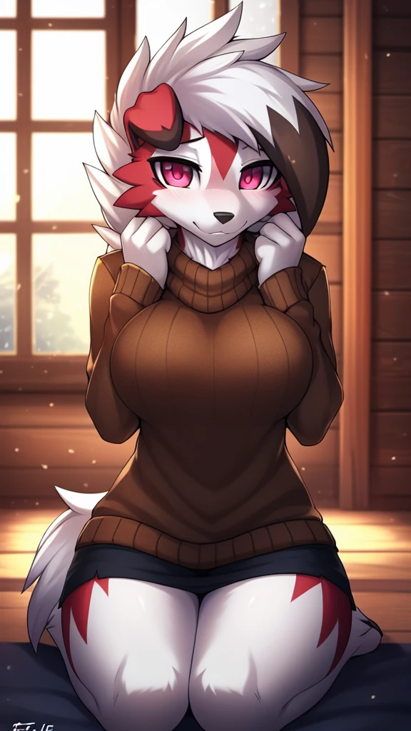 By zinfyu,by twistedscarlet60, uploaded on pixiv, by fluff-kevlar, (masterpiece), (best quality), (solo female:1.2), (extremely detailed:1.3),(detailed eye,black circle on eye,pink eye), lycanroc midnight, view on viewer, close view, shy face, half body on potrait, only body and head, close view, closeup photo of lycanroc, wearing brown sweater, inside house, wooden house, opened window, winter season, 