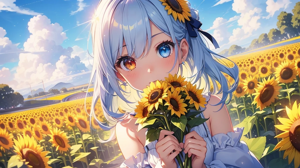 Best quality、Photorealistic、Ultra-detailed、delicate、Orderly、High Detail、Bluish Silver Short Bob、(Drooping heterochromia iris,glowing eyes、Sparkling Eyes:1.3)、slender、(One girl:1.2)、(sun、noon、A sky filled with cumulonimbus clouds、Big blue sky、Sunflower flower garden、Bursting light:1.3)、Ambient Occlusion、Ambient Light、Ray-traced Reflections、Glow、Shiny Hair、