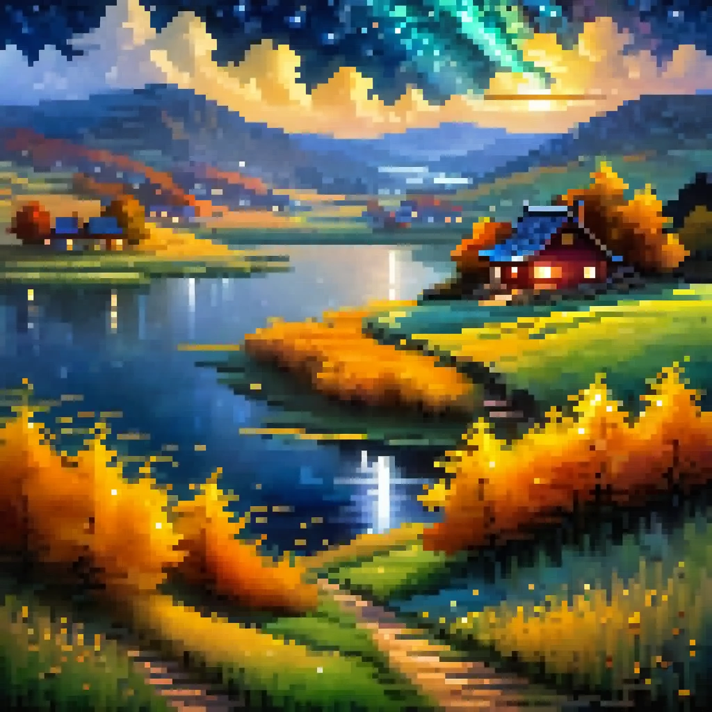 (highly detailed), ((masterpiece)),(Impasto), intricate, digital painting,shadow ,landscapes ,(autumn:1.2), fantasy,(firefly) ,delicate grassland
,(grassland:1.3),(lake:1.3),(villiage:1.2),lights,clear sky ,wind ,beautiful sky ,cumulus ,(night sky),(stars)