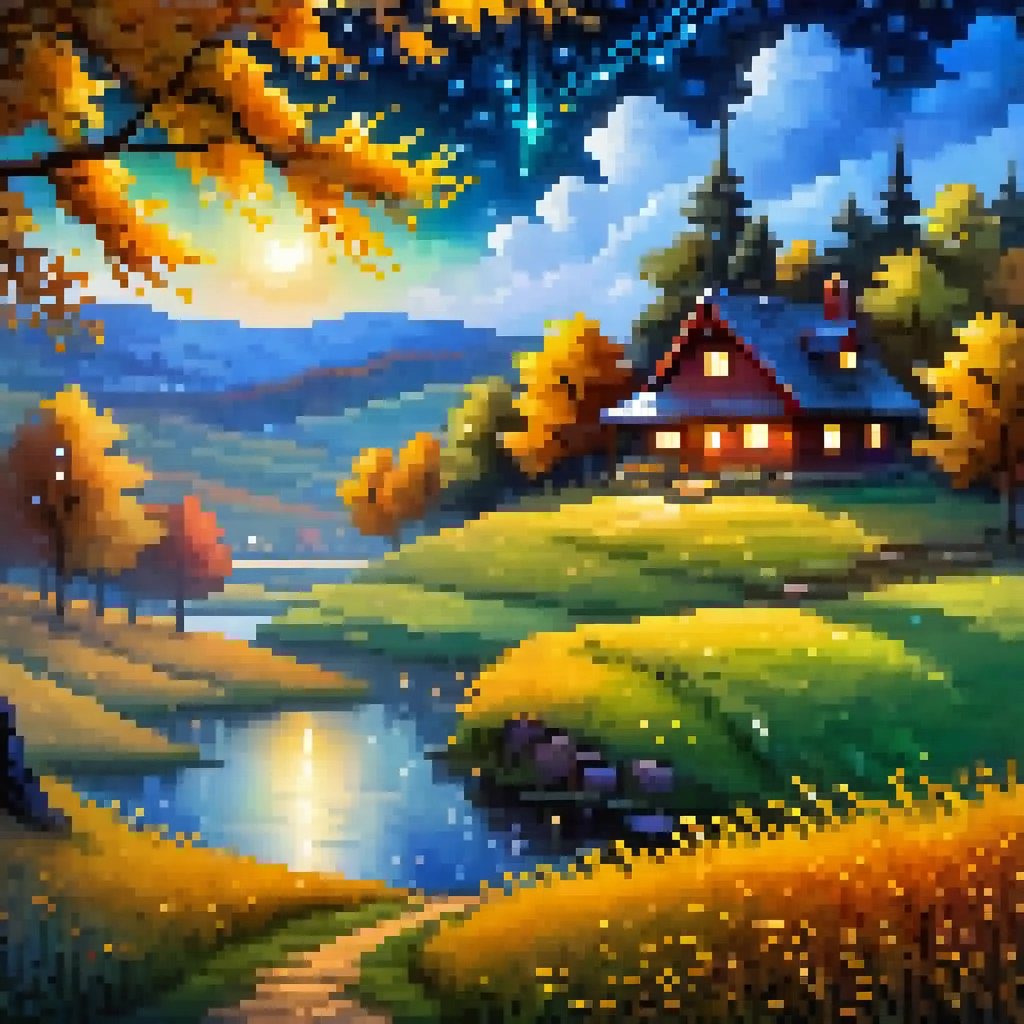 (highly detailed), ((masterpiece)),(Impasto), intricate, digital painting,shadow ,landscapes ,(autumn:1.2), fantasy,(firefly) ,delicate grassland
,(grassland:1.3),(lake:1.3),(villiage:1.2),lights,clear sky ,wind ,beautiful sky ,cumulus ,(night sky),(stars)