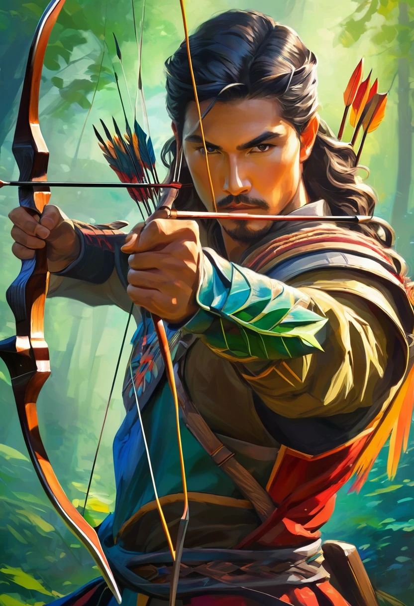 穿著Archer服裝的男人.Closeup bow and arrow art.Archer, Deep Forest Shooter.(masterpiece, best quality:1.2),art illustration，Abstract surreal colors,colorful. warrior