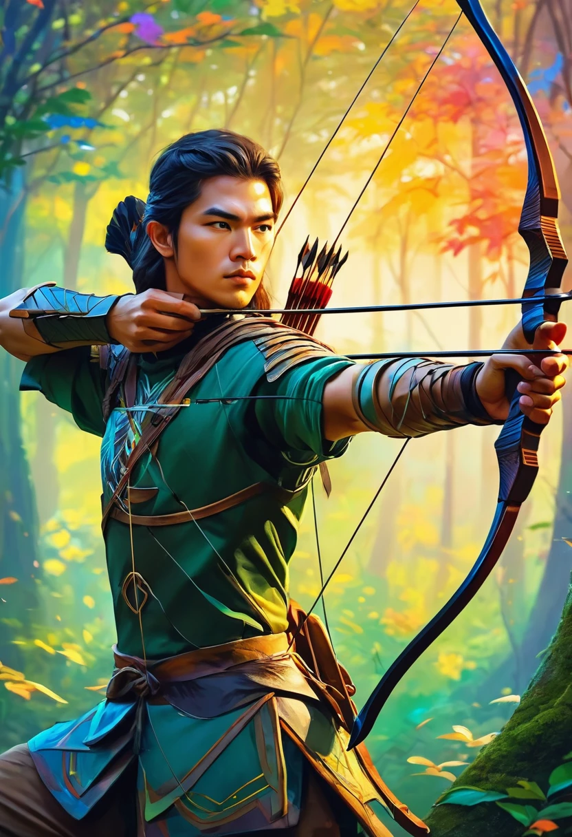 穿著Archer服裝的男人.Closeup bow and arrow art.Archer, Deep Forest Shooter.(masterpiece, best quality:1.2),art illustration，Abstract surreal colors,colorful. warrior