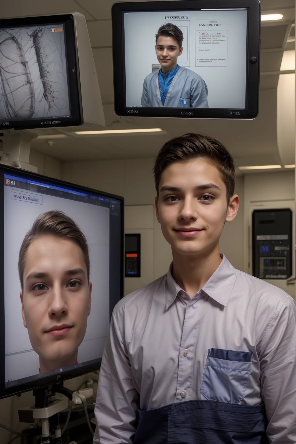 A beautiful young man, a cute male twink, with black hair and wearing a surgical uniform. He is in the surgical theater, and behind him are surgical medical instruments, devices, information screens, MRIs, etc., and he looks proudly with a face with reddish makeup.
