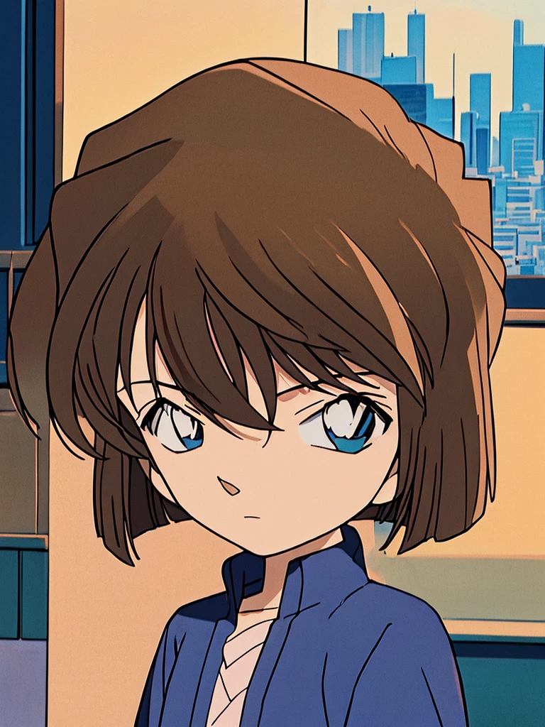 masterpiece, best quality, beautiful face, (street, upper body:1.4), anime style, (1girl in, Solo:1.0), (Haibara Ai), ((Short pants)), (((Big eyes))), (Cute anime girl head), (flat chest),looking at viewer,With a height of 100cm, shoot from front, (head shot), Simple line minimalism, Abstract Art, City background