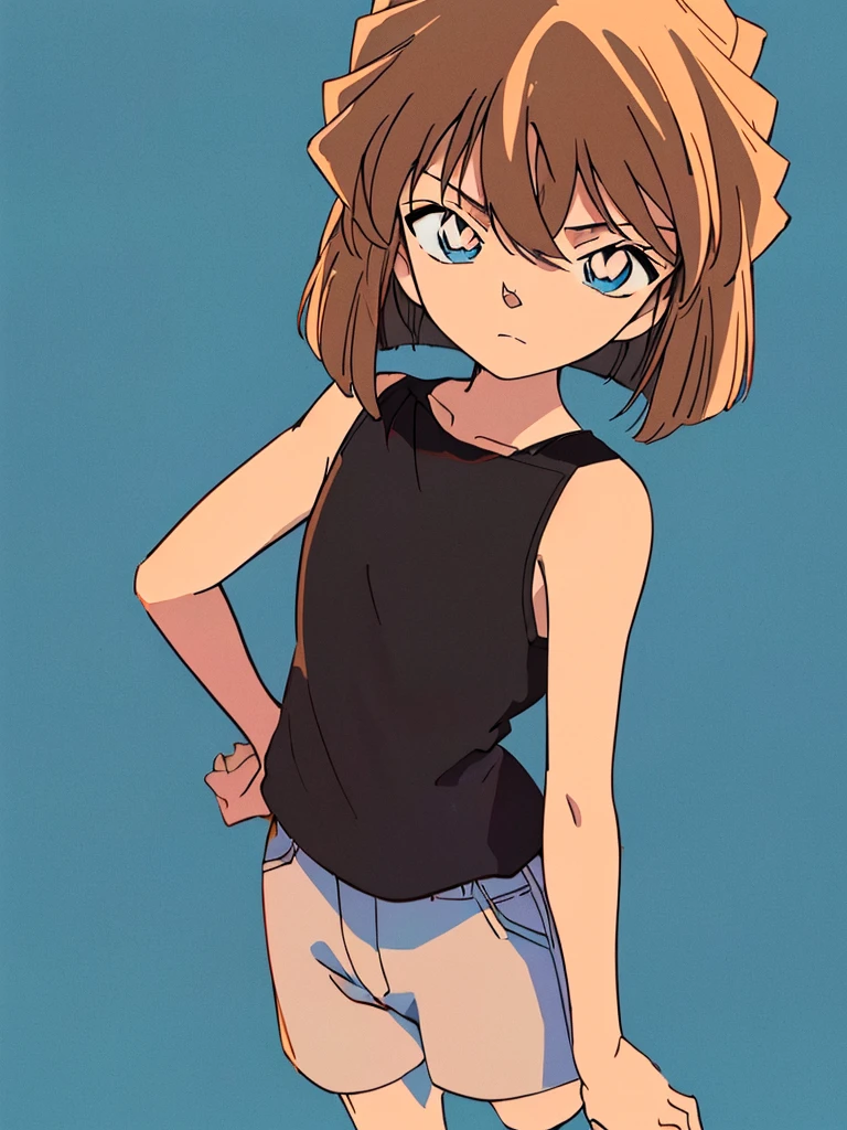 masterpiece, best quality, beautiful face, (street, upper body:1.4), anime style, (1girl in, Solo:1.0), (Haibara Ai), ((Short pants)), (((Big eyes))), (Cute anime girl head), (flat chest),looking at viewer,With a height of 100cm, shoot from front, (head shot), Simple line minimalism, Abstract Art, City background