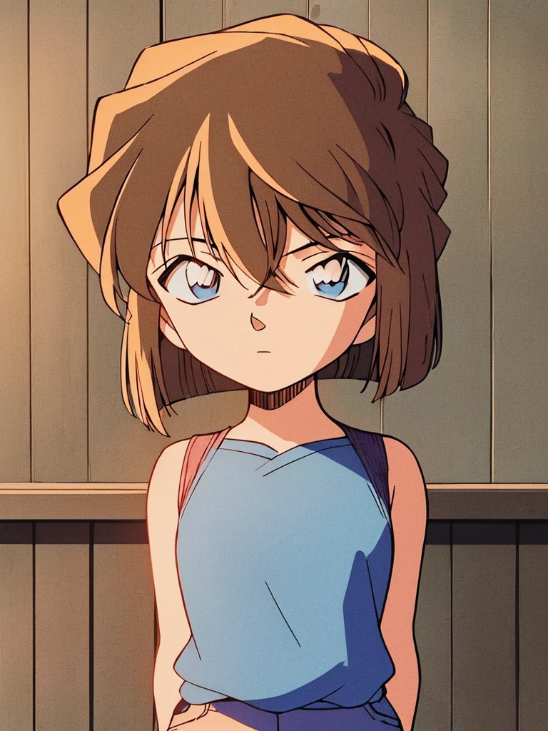 masterpiece, best quality, beautiful face, (street, upper body:1.4), anime style, (1girl in, Solo:1.0), (Haibara Ai), ((Short pants)), (((Big eyes))), (Cute anime girl head), (flat chest),looking at viewer,With a height of 100cm, shoot from front, (head shot), Simple line minimalism, Abstract Art, City background