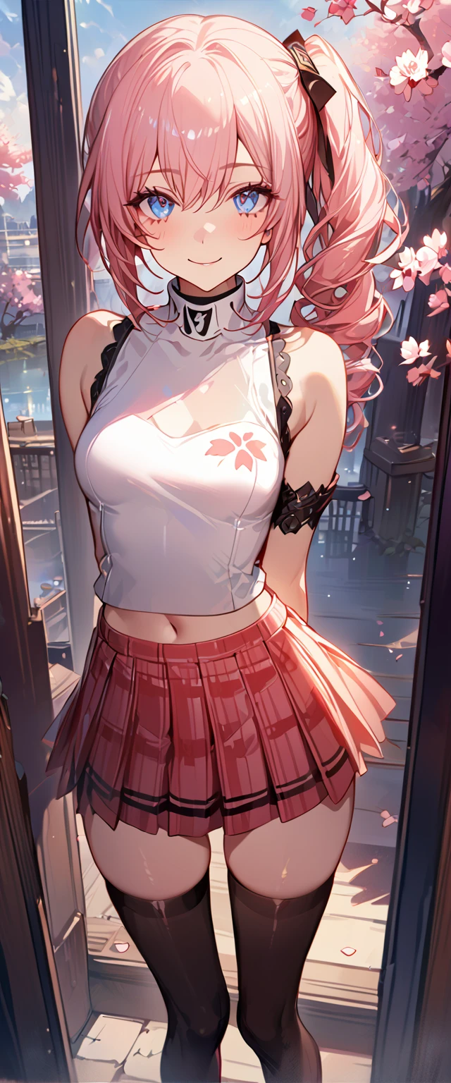 masterpiece, best quality, 8k, 4k, 1girl, (masterpiece, best quality:1.2), 1girl, serah farron, smile, looking at viewer, arms behind back, blue eyes, long curly side ponytail to the waist, black diamond-shaped armband, plain white sleeveless shirt, straight collar shirt, midriff, transparent sleeveless pink vest, red plaid-pleated short skirt, black lace, , black thigh-high stockings, ivory ankle boots, finely detailed eyes and detailed face, face detailed, hair detailed, clothes detailed, ((high quality)), extreme detail, Sakura tree, sakura field, inspired by Asukaziye artist : ask, art style : ask