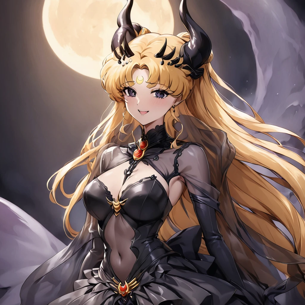 ((Highest quality)), ((masterpiece)), (detailed), (Perfect Face)、The woman is the Dark Queen of the Black Moon of the Black Moon Clan, the Demon Queen Black Serenity, and the woman is the sexy, jet-black-skinned demon princess Serenity.、The woman is a jet-black female demon with magnificent devil horns, jet-black devil wings, and a jet-black tail. Her skin is jet-black and she has a black inverted crescent moon mark on her forehead. She is a demon bride wearing a see-through Gothic Victorian wedding dress that shows off her gorgeous black skin, a black wedding veil, and a black see-through cape. She is the jet-black demon Princess Serenity, and has blonde hair that looks happy as she looks at the camera.2The expression of a girl in love with her long hair tied up、Woman is Black Serenity、Punishment pose on behalf of the moon