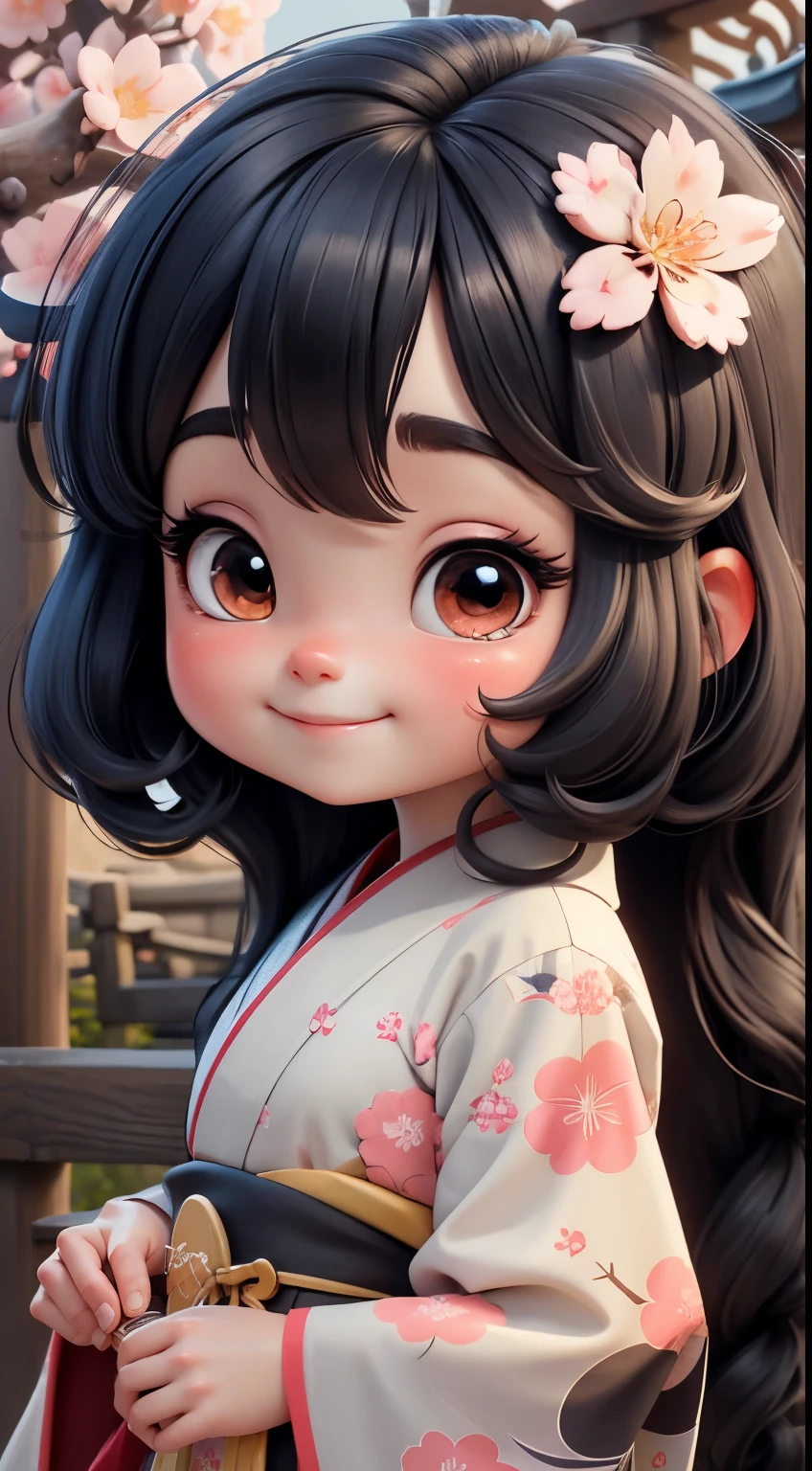 Create a  baby chibi version of the Alice character in an 8K resolution. A beautiful Asian girl with long, flowing black hair adorned with a delicate [lavender hair ornament] is strolling through the picturesque [lavender fields] of Furano, Hokkaido. She is wearing a stunning [kimono with lavender pattern], the vibrant purple colors contrasting with the vast expanse of blooming lavender. The girl's expression exudes a sense of tranquility and joy as she immerses herself in the beauty of the fragrant flowers, It's sunny, Detailed eyes, clear outlines, kawaii pose, A smile, Raise your right hand, Eye Up, Laugh, radiant light, Taken from the side. She should look adorable and cute. Give him a smiling expression and a sweet smile on his face, capturing the essence of the character in a delicate and charming way.