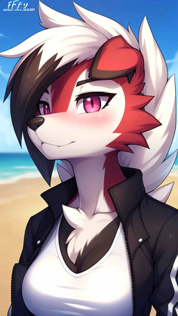 By zinfyu,by twistedscarlet60, uploaded on pixiv, by fluff-kevlar, (masterpiece), (best quality), (solo female:1.2), (extremely detailed:1.3),(detailed eye,black circle on eye,pink eye), lycanroc midnight, view on viewer, close view, shy face, half body on potrait, only body and head, close view, closeup photo of lycanroc, wearing a shirt for women crop v neck top white t-shirt korean fashion women t with a tight open gray color jacket,