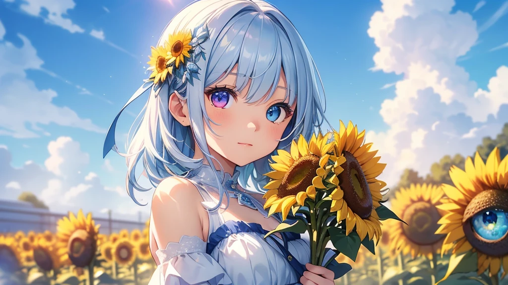 Best quality、Photorealistic、Ultra-detailed、delicate、Orderly、High Detail、Bluish Silver Short Bob、(Drooping heterochromia iris,glowing eyes、Sparkling Eyes:1.3)、slender、(One girl:1.2)、(sun、noon、A sky filled with cumulonimbus clouds、blue sky、Sunflower flower garden、Bursting light、Girl holding a bouquet of sunflowers:1.3)、Ambient Occlusion、Ambient Light、Ray-traced Reflections、Glow、Shiny Hair、