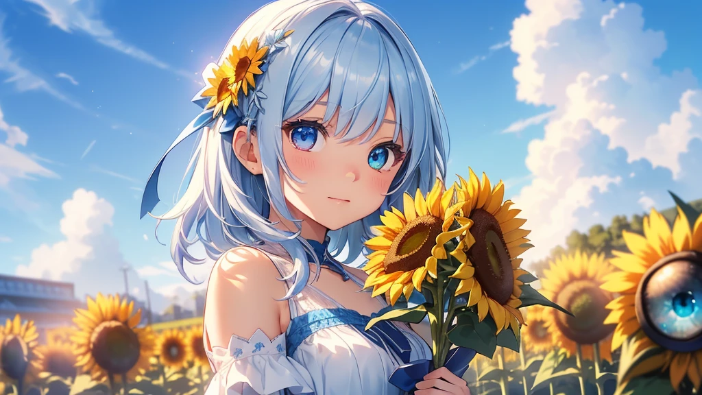 Best quality、Photorealistic、Ultra-detailed、delicate、Orderly、High Detail、Bluish Silver Short Bob、(Drooping heterochromia iris,glowing eyes、Sparkling Eyes:1.3)、slender、(One girl:1.2)、(sun、noon、A sky filled with cumulonimbus clouds、blue sky、Sunflower flower garden、Bursting light、Girl holding a bouquet of sunflowers:1.3)、Ambient Occlusion、Ambient Light、Ray-traced Reflections、Glow、Shiny Hair、
