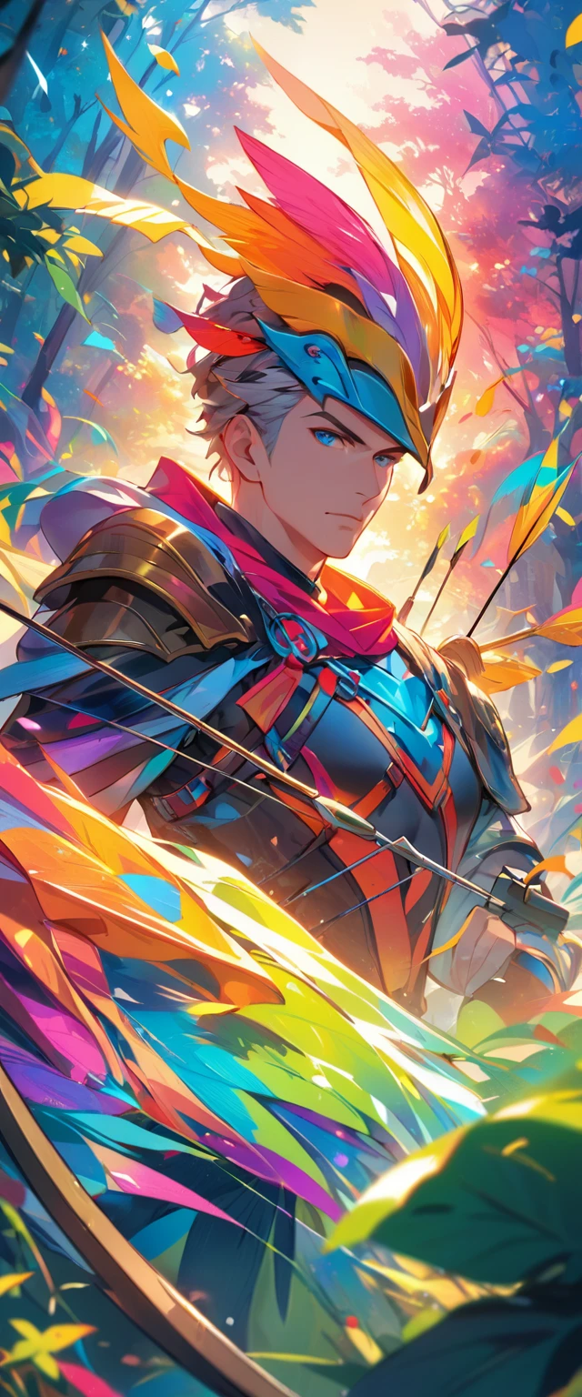 穿著Archer服裝的男人.Closeup bow and arrow art.Archer, Deep Forest Shooter.(masterpiece, best quality:1.2),art illustration,Abstract surreal colors,colorful. warrior