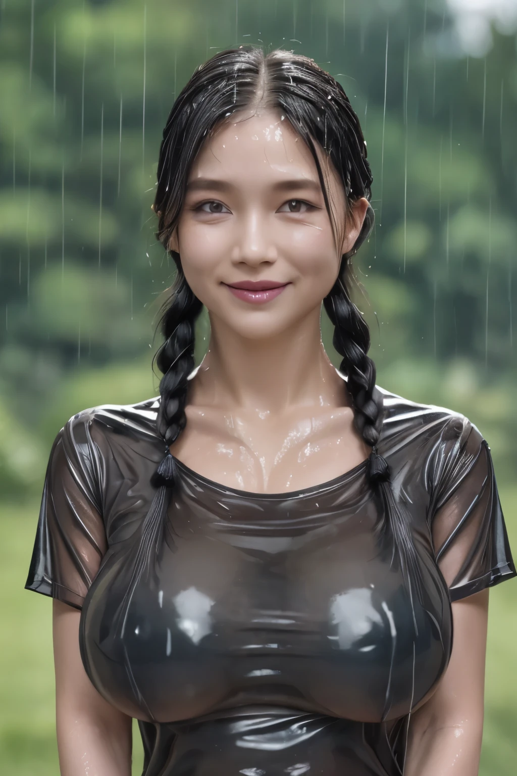 Eyes are very fragile，Double braids with tight shirt，outdoor，rain，Wet body，nipple（（Smiling artwork）））， （（best quality））， （（Intricate details））， （（Surreal））（8K）