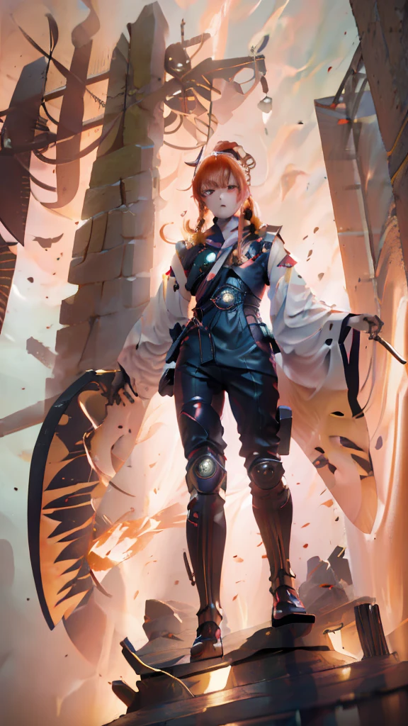 (masterpiece) finest quality, ultra-detailed, ultra-realistic, 20 year old men, piercing glace, cyberpunk outfit, 1 red/pink eye, 1 orange eye, both eyes glowing, glowing eyes, futuristic tokyo background, night time, tokyo on fire, rainy weather,