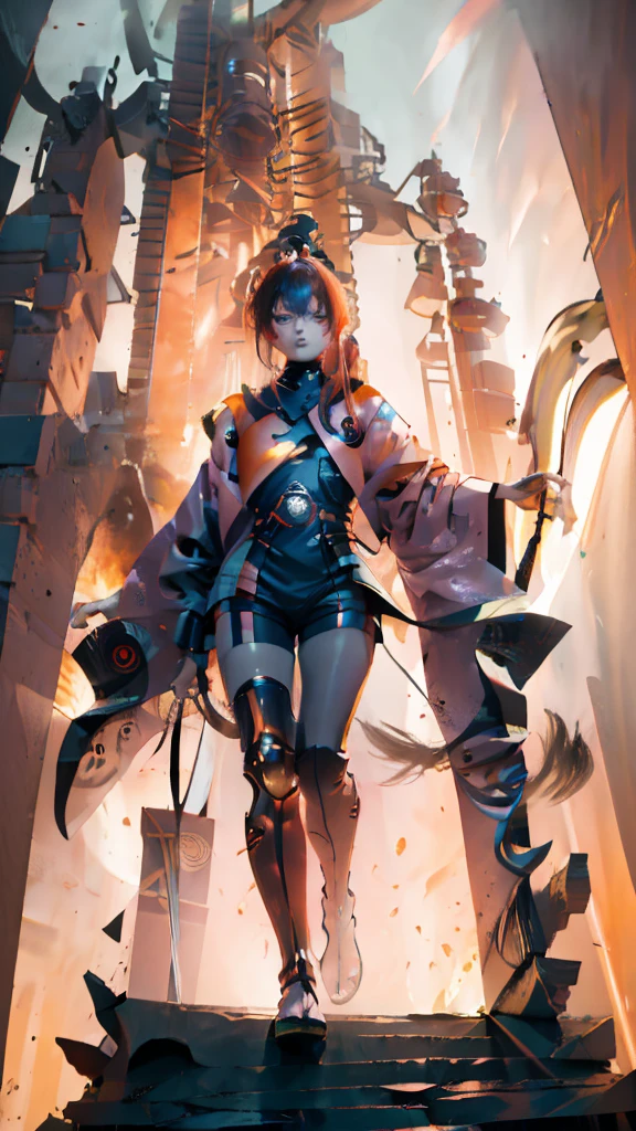 (masterpiece) finest quality, ultra-detailed, ultra-realistic, 20 year old men, piercing glace, cyberpunk outfit, 1 red/pink eye, 1 orange eye, both eyes glowing, glowing eyes, futuristic tokyo background, night time, tokyo on fire, rainy weather,