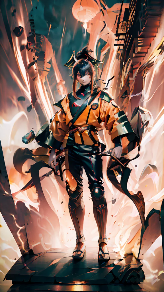(masterpiece) finest quality, ultra-detailed, ultra-realistic, 20 year old men, piercing glace, cyberpunk outfit, 1 red/pink eye, 1 orange eye, both eyes glowing, glowing eyes, futuristic tokyo background, night time, tokyo on fire, rainy weather,