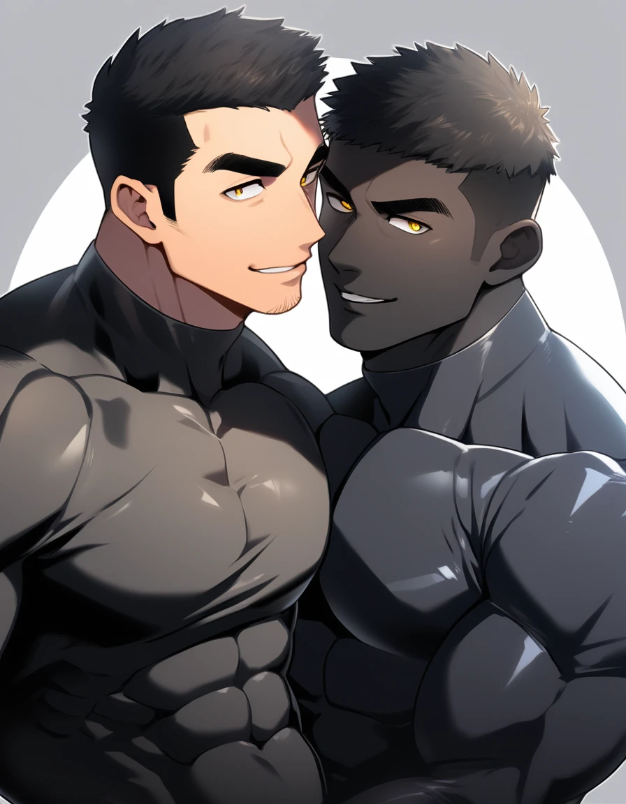 anime characters:Two superheroes in tights, Muscle superhero, negro black skin, They hugged and kissed each other, Bite your neck, Caress, Manliness, male focus, Yellow and black high collar long sleeve tight T-shirt, Slightly transparent material, High gloss, Very tight, Round, full and perky chest muscles, Muscle waist, Slightly transparent, muscular male, muscular, only, Upper body, alone, Black short hair, Thick eyebrows, stubble, Yellow eyes, Grey background, simple background, amazing quality, best aesthetics, Ridiculous, bright pupils, crew cut, parted lips, seductive smile, torogao, naughty face, drop shadow, best quality