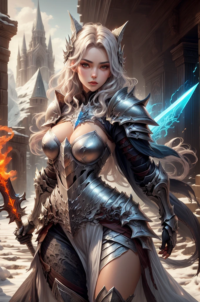 a close up of a woman in armor holding two sword , fire and ice swords, knight armor, knight helmet, fantasyoman, detailed fantasy art, gorgeous female paladin, portrait knight female, portrait of female , picture of female beautiful female knight, epic fantasy art style, female paladin, of a beautiful female knight, epic exquisite character art, stunning character art, fantasy concept art portrait