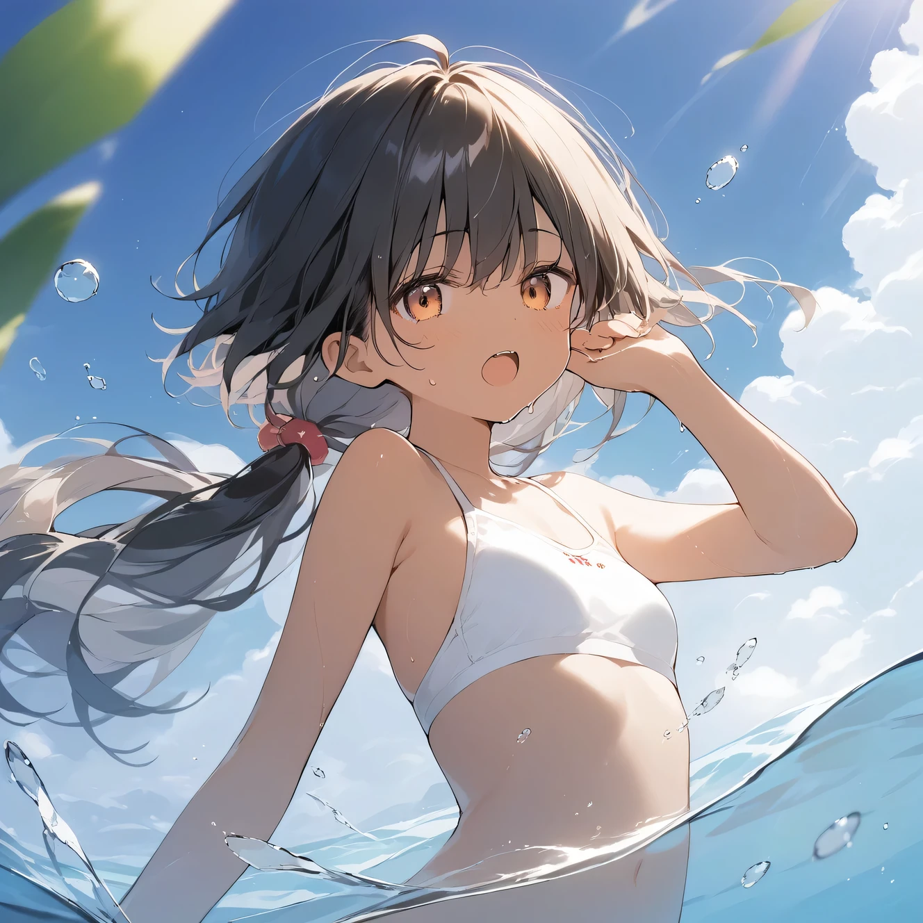 score_9, score_8_up, score_7_up, source_anime, best quality, masterpiece, official art, absurdres, highres, ultra-detailed,waifu2x,Collection: Slice of Life,break,1girl, tomboy, dark-skinned female, short hair, low ponytail, small breasts, beautiful detailed eyes, swimsuit, sweat, open mouth, (yawn:0.3), sleepily, swimming, outdoors, wind, break,(clear line illustration:1.2),very high resolution, very aesthetic, super detailed skin, Best sexual lighting powered by famous artist, 8k,cute picture,beauty illustration,photoshop_(medium),,(Detailed Lighting),best anime 8k konachan wallpaper, pixiv contest winner,