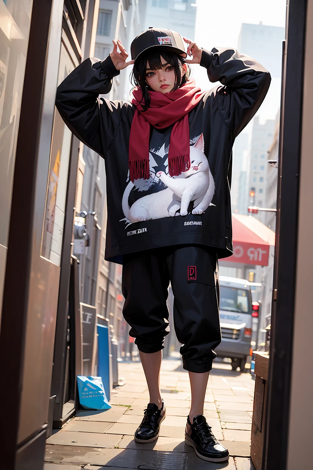 a painting of a cat wearing a hat and scarf, trending in the art station, dressed in punk clothes, detailed hyper realistic rendering, british gang member, street style, intimidating pose, planet of the cats, clothes with fashion, urban samurai, meow, west slavic features, 8 1 5