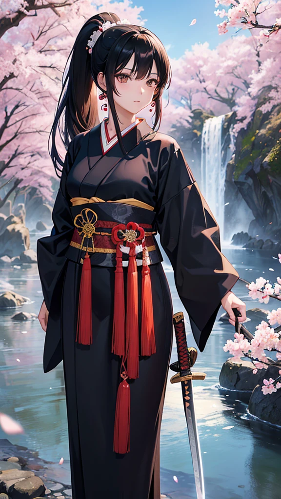 anime,35Year-old beauty、 alone, Long Hair, Black Hair, ponytail、Dark brown eyes, model, (Perfect Anatomy, Anatomically correct, Highly detailed skin), Dcup, Fantasy, cherry blossoms、White kimono、(Japanese sword:1.4), Riverside、Beautiful Landscape