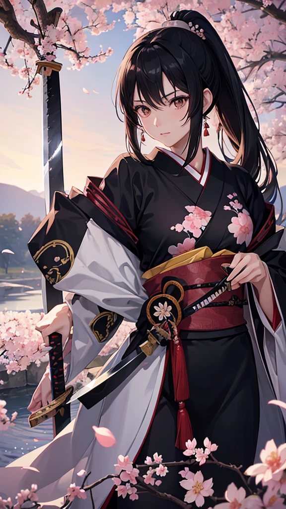 anime,３５Year-old beauty、 alone, Long Hair, Black Hair, ponytail、Dark brown eyes, model,  (Perfect Anatomy, Anatomically correct, Highly detailed skin), Ｄcup,  Fantasy, cherry blossoms、White kimono、(Japanese sword:1.4), Riverside、Beautiful Landscape