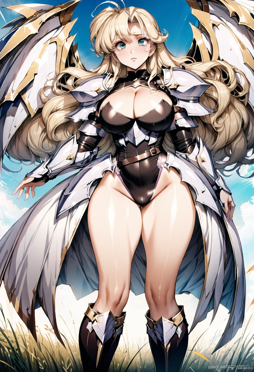 ((highest quality)), ((masterpiece)), ((hyperrealistic)), (detailed background), solo, 1girl, ((curvy: 1.2)), kawaii, y, ((armored dress: 1.3)), Blonde berry long wavy hair, Ahoge, (paladin magic armor), ((black tight-fitting leotard bodysuit)), ((huge bre ((arm guard gauntlet)), (metal harness breastplatdy harness, belt waist armor, ((zettai ryouiki knee socks boots)), (big butt), (cleavageout), (Gthighs), beautiful aqua eyes, droopy eyes, perfect face, Perfect hands, perfect fingers, Blue sky and grassland,