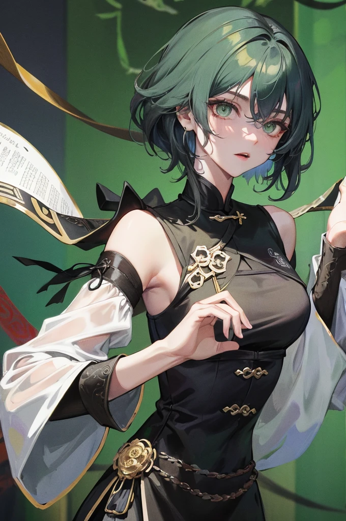 Masterpiece, Best quality, 1 Female, Mature Woman, Elder Sister, Royal Sister, Cold Face, strong, green eyes, wolfcut short hair, smoky color hair, resolute eyes, simple black Taoist Taoist uniform, black accessories, sarashi, one shoulderancient, Chinese mix morden, wear hair brooches, frontal photo, blank background, remove background