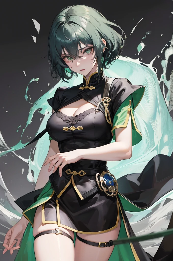 Masterpiece, Best quality, 1 Female, Mature Woman, Elder Sister, Royal Sister, Cold Face, strong, green eyes, wolfcut short hair, smoky color hair, resolute eyes, simple black Taoist Taoist uniform, black accessories, sarashi, one shoulderancient, Chinese mix morden, wear hair brooches, frontal photo, blank background, remove background