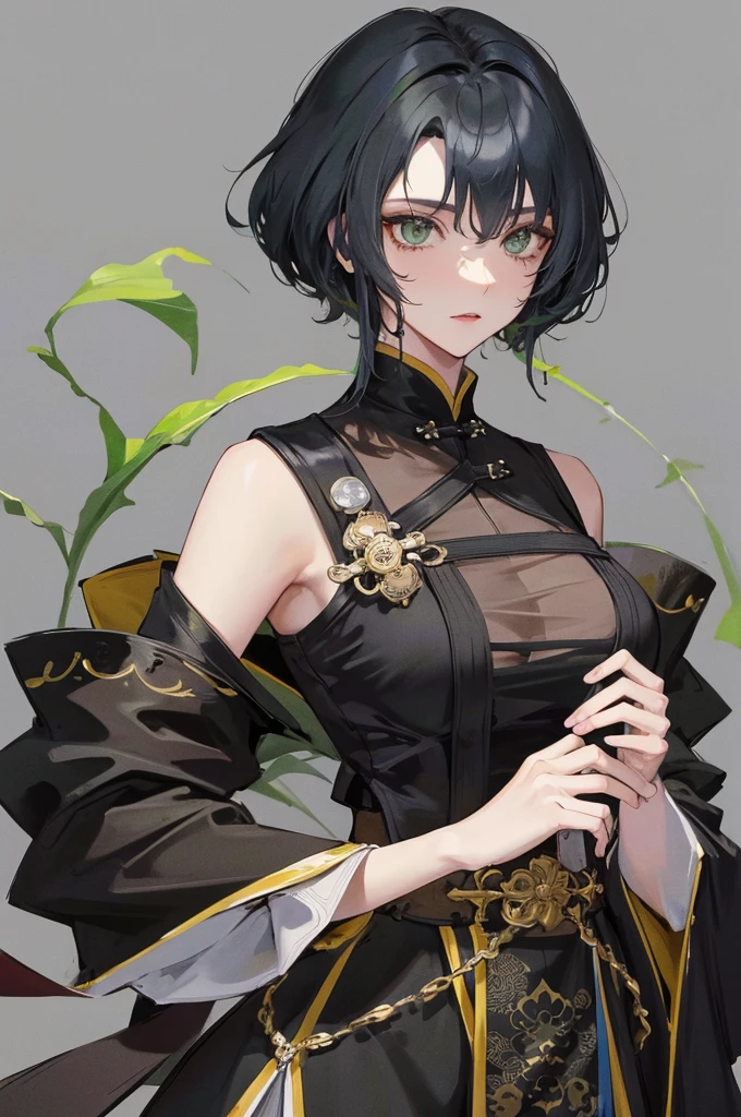 Masterpiece, Best quality, 1 Female, Mature Woman, Elder Sister, Royal Sister, Cold Face, strong, green eyes, wolfcut short hair, smoky color hair, resolute eyes, simple black Taoist Taoist uniform, black accessories, sarashi, one shoulderancient, Chinese mix morden, wear hair brooches, frontal photo, blank background, remove background