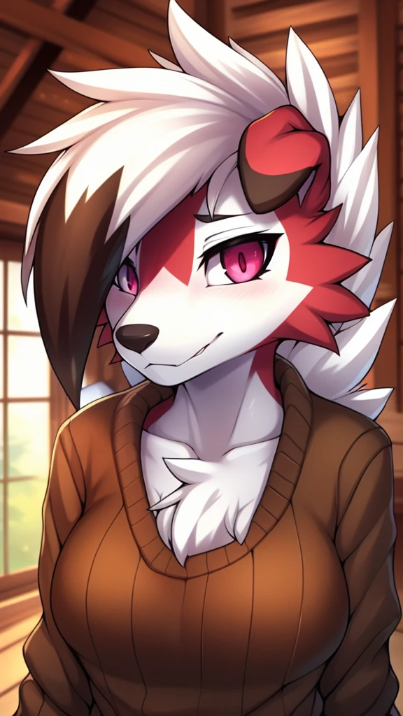 By zinfyu,by twistedscarlet60, uploaded on pixiv, by fluff-kevlar, (masterpiece), (best quality), (solo female:1.2), (extremely detailed:1.3),(detailed eye,black circle on eye,pink eye), lycanroc midnight, view on viewer, close view, shy face, half body on potrait, only body and head, close view, closeup photo of lycanroc, wearing brown sweater, inside house, wooden house, opened window, winter season,