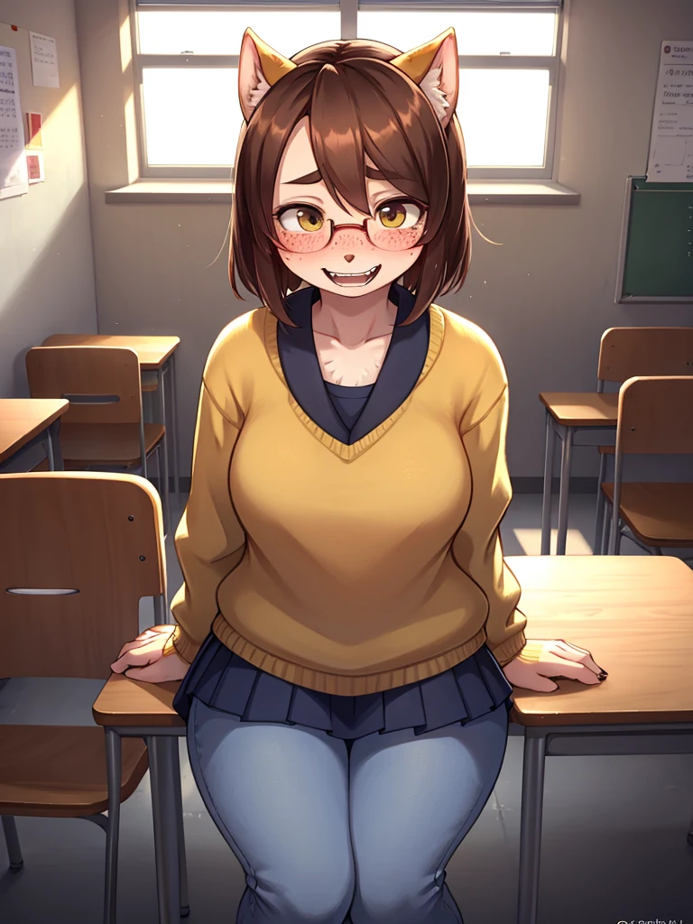 ugly face female , ugly loose body , (Freckles:0.9) , (clothed erotica) , Bad taste clothes , shy geek , school , I'm so happy I'm gonna piss myself
