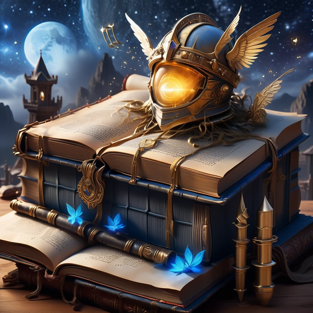 "Create a stunning cover for a history channel that blends the enchantment of ancient legends with the excitement of historical exploration. Imagine a vast, ancient library with towering shelves filled with glowing, magical books. In the center, a grand, open book on a pedestal emits a radiant light, with pages that seem to turn on their own, revealing intricate maps and mystical runes. Surrounding the book, ethereal images of famous historical figures and mythical creatures emerge from the pages, as if coming to life. Above, a celestial night sky with twinkling stars and constellations forms a backdrop, hinting at the infinite stories of the past. Include a majestic, legendary warrior helmet and a quill pen writing in mid-air, adding to the sense of wonder. Use an elegant, fantasy-inspired serif or handwritten font for the channel name and tagline, ensuring they are prominently displayed. Choose a rich, vibrant color palette with deep blues, golds, and shimmering silvers, creating a sense of depth and magic. The overall design should be enchanting and captivating, inviting viewers into a world where history and fantasy intertwine seamlessly."