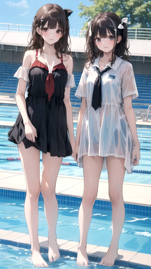 ((masterpiece,Highest quality)),Two Girls, Swimsuit, High leg,, Black Hair, Poolside, Day, Swimming Stadium, ,Tie-up hair, View your viewers, Recall, Multiple Girls, heart, Outdoor, Brown Hair, ribbon, barefoot,  stage, Are standing, Soaking wet, glamorous、