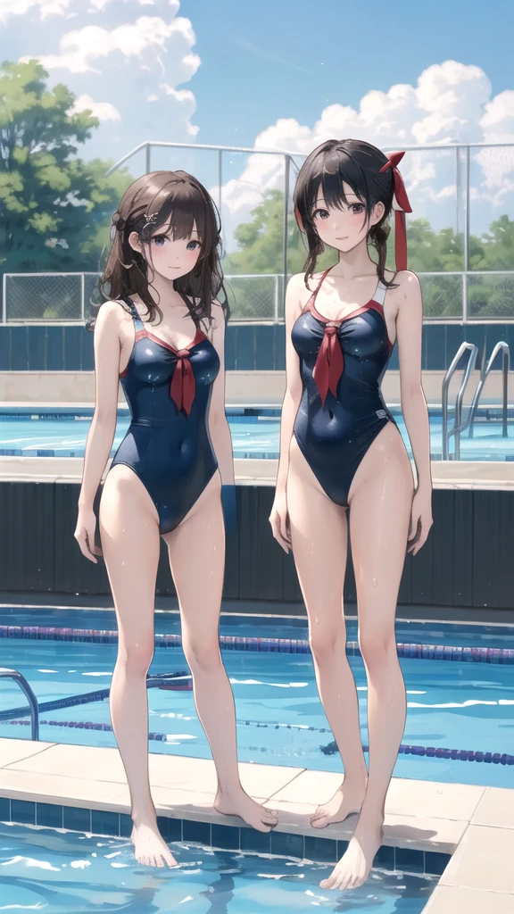 ((masterpiece,Highest quality)),Two Girls, Swimsuit, High leg,, Black Hair, Poolside, Day, Swimming Stadium, ,Tie-up hair, View your viewers, Recall, Multiple Girls, heart, Outdoor, Brown Hair, ribbon, barefoot, stage, Are standing, Soaking wet, glamorous、