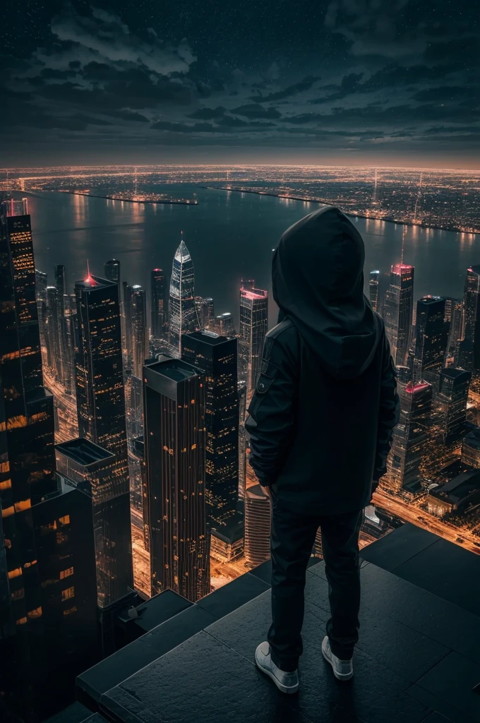 (High quality images), boy standing on top of a tall building looking at a big city from above, Ultra-realistic and detailed, Cloudy weather, Rainy night, Sparkling skyscrapers,From the back, Hooded clothing that covers the head, Gloomy Weather