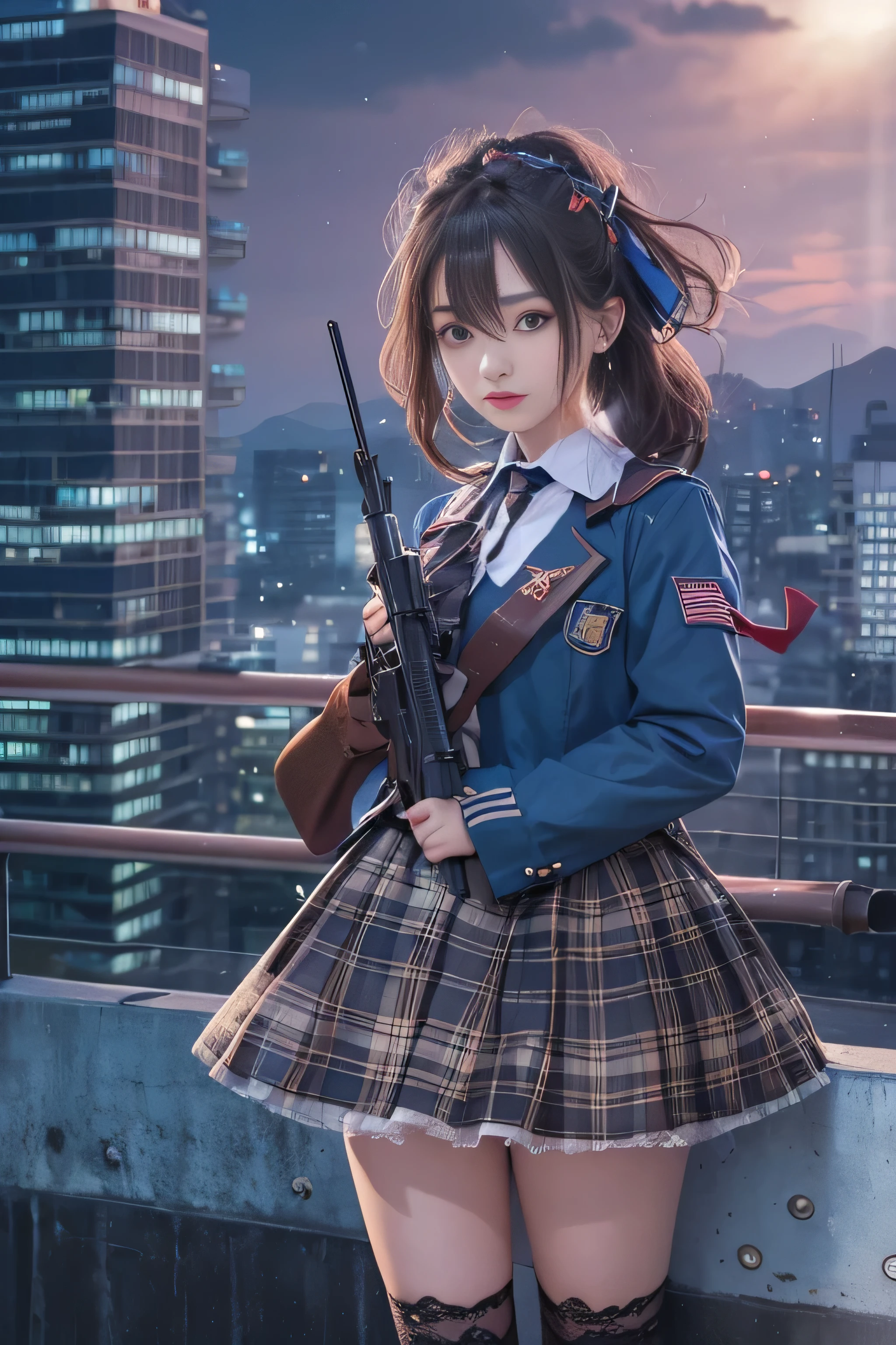 (Raw quality:1.4), 1 female、(so beautiful)、(Beautiful Face:1.5)、(Detailed face)、Are standing、(High School Uniform)、Dark blue jacket、White shirt、tie、Checked mini skirt、Brown Hair、(Heavy makeup)、(Hold the rifle)、(Point your rifle:1.5)、H&In the case of hK416、(On the roof of a high-rise building), night, Starry Sky, milky way,