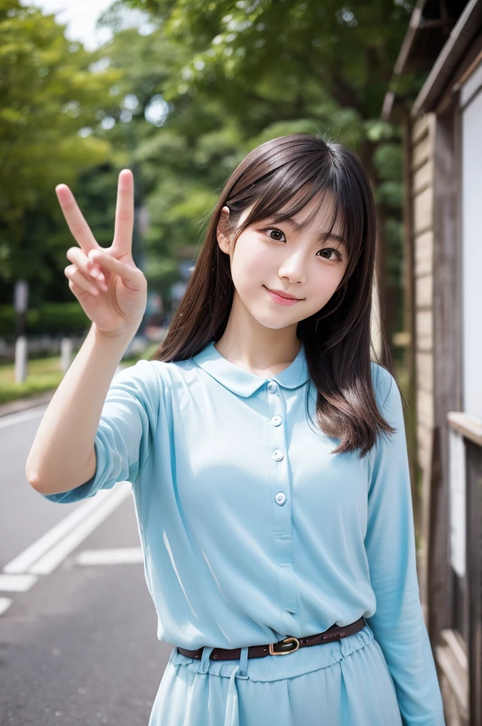 8K, details, Vertical portrait of a charming young Japanese lady making a peace sign, selfie style, high-definition, natural light, as if taken with a Canon camera
