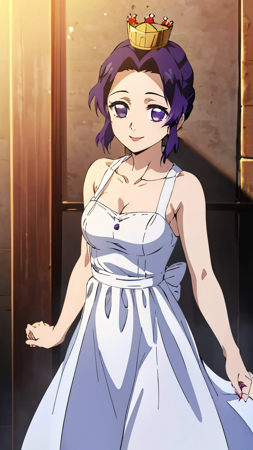 (Top Quality, 8K, High Resolution, Masterpiece: 1.2), Anime, Shinobu Kocho, 1 Girl,solo, Perfect Face, Perfect Eyes, Soft Expression, Medium Breasts, Purple Hair, Short Hair,large butterfly hair clip, Pretty Parted bangs, purple eyes, narrow eyes, ((white dress,crown,Collarbone, smile,  cowboy shot)), viewer appreciation,