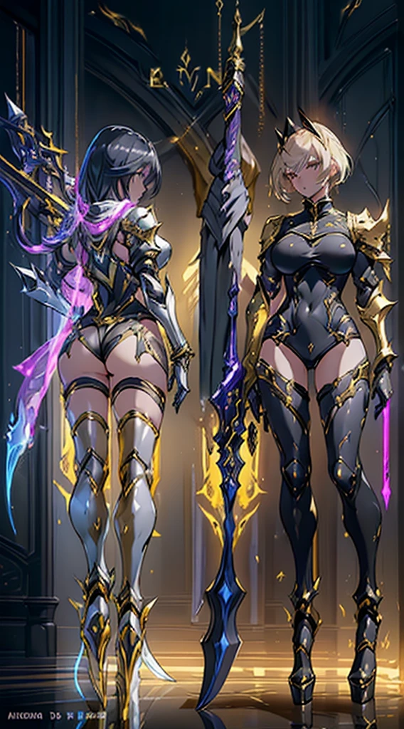 Design a layout showcase Gaming character, ((1girl)), assasin:1.4, Golden+Purple clothes, Black_Desert_style, stylish and unique, ((showcase weapon:1.4)), magic staff, (masterpiece:1.2), (best quality), 4k, ultra-detailed, (Step by step design, layout art:1.5), (luminous lighting, atmospheric lighting), Final Fantasy style, magican, ((glove full hands)), fran, viera, (((revealing clothes:1.3))), vambraces, armored legwear, (((full_body_shot:1.4))), Niji, back_view, T_pose