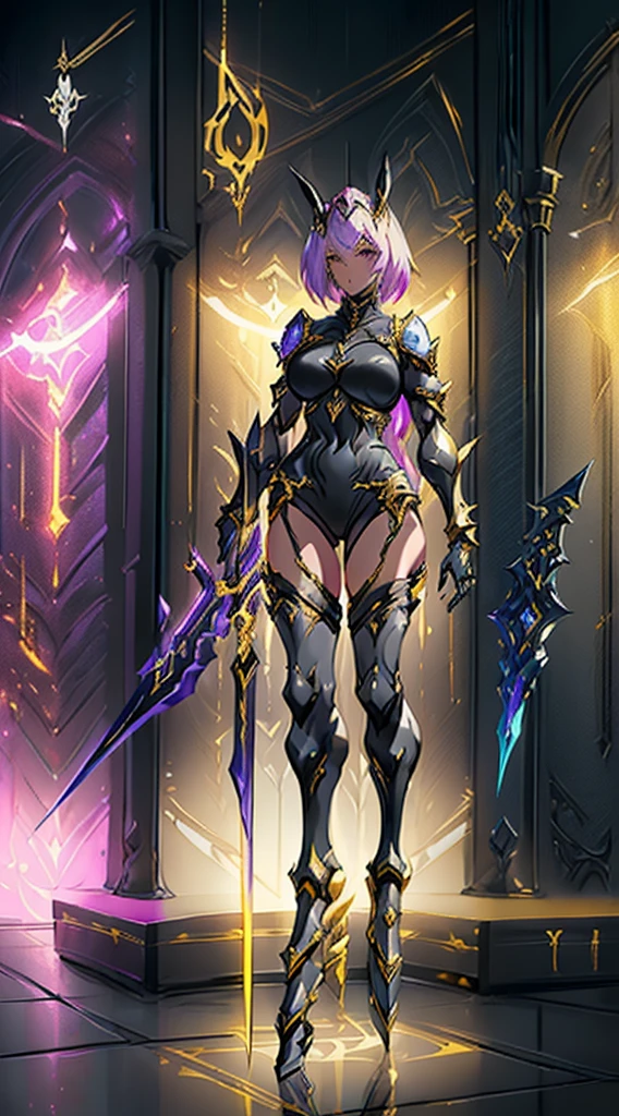 Design a layout showcase Gaming character, ((1girl)), assasin:1.4, Golden+Purple clothes, Black_Desert_style, stylish and unique, ((showcase weapon:1.4)), magic staff, (masterpiece:1.2), (best quality), 4k, ultra-detailed, (Step by step design, layout art:1.5), (luminous lighting, atmospheric lighting), Final Fantasy style, magican, ((glove full hands)), fran, viera, (((revealing clothes:1.3))), vambraces, armored legwear, (((full_body_shot:1.4))), Niji, back_view, T_pose