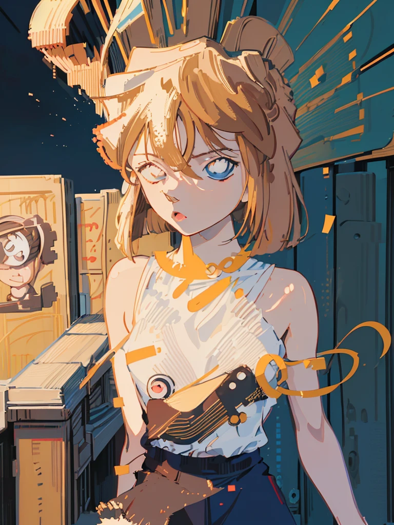 masterpiece, best quality, beautiful face, (street, upper body:1.4), anime style, (1girl in, Solo:1.0), (Haibara Ai), ((Short pants)), (((Big eyes))), (Cute anime girl head), (flat chest),looking at viewer,With a height of 100cm, shoot from front, (head shot), Simple line minimalism, Abstract Art, City background