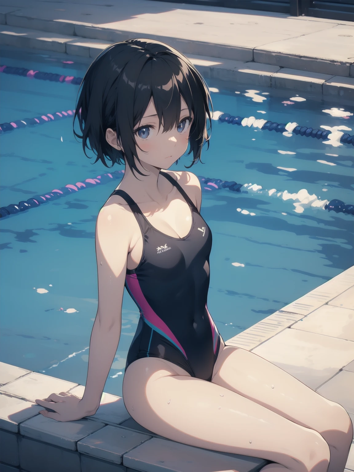ultra-Top-quality by art God, ultra-detailed, high resolution, shinkai makoto style, anime moe artstyle, best anime 8k konachan wallpaper, pixiv contest winner, perfect anatomy, break,(Please draw a picture of a girl in a swimsuit sitting sleepily on a bench by the poolside alone.),break, a hyperrealistic school girl, (Solo,lolita, ???, 13-year-old:1.3),Full limbs, complete fingers, androgynous charm, (very short hair), wet hair, small breasts,slender body, Small butt, groin, Small black eyes,hanme,beautiful detailed eyes, well-proportioned iris and pupils, sleepy eyes, highres detailed hair, swimsuit, wet swimsuit, bare shoulders, thighs, in the school pool. break,super detailed skin, shiny skin, Best lighting powered by famous artist, 8k, illustration,UHD, textured skin,break,((artist:toosaka_asagi )), artist:clamp ,artist:carnelian ,artist:kantoku ,