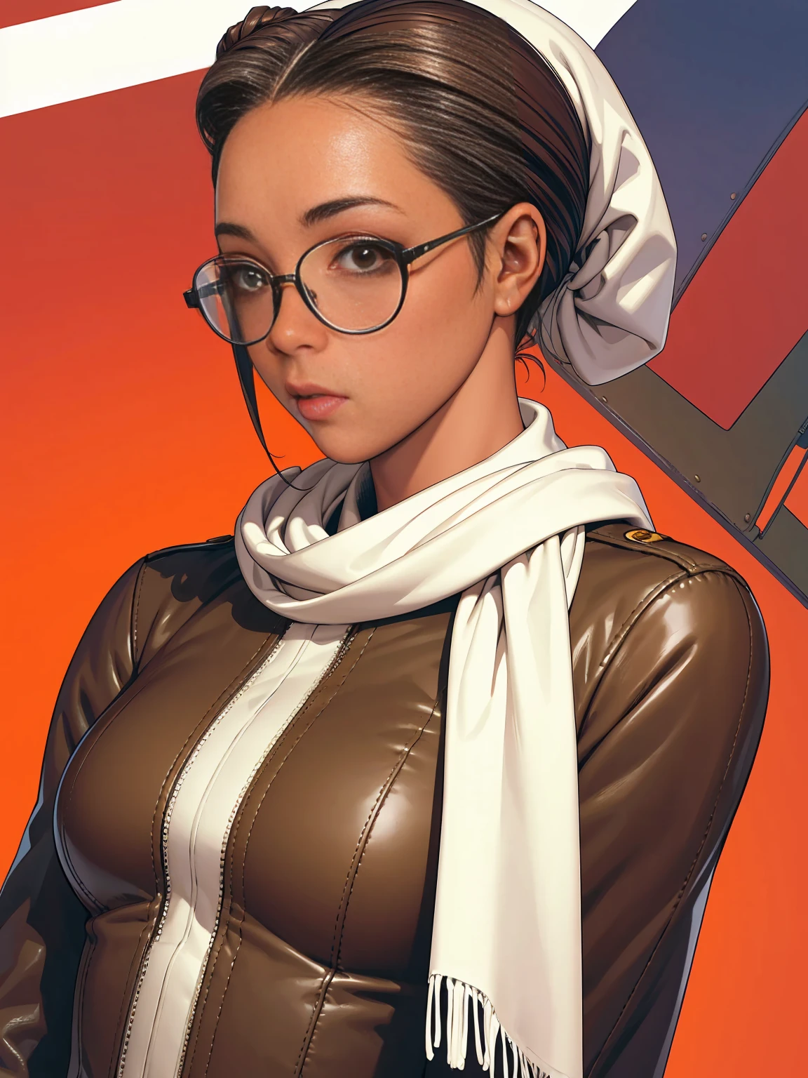 Beautiful African American woman in aviator jacket, white scarf and bomber aviator hat with glasses next to a plane, digitalpainting, Digital illustration, extreme detail, digitl art, 4K, ultra HD. Your skin is deep, rich color and her hair is pulled back into a bun