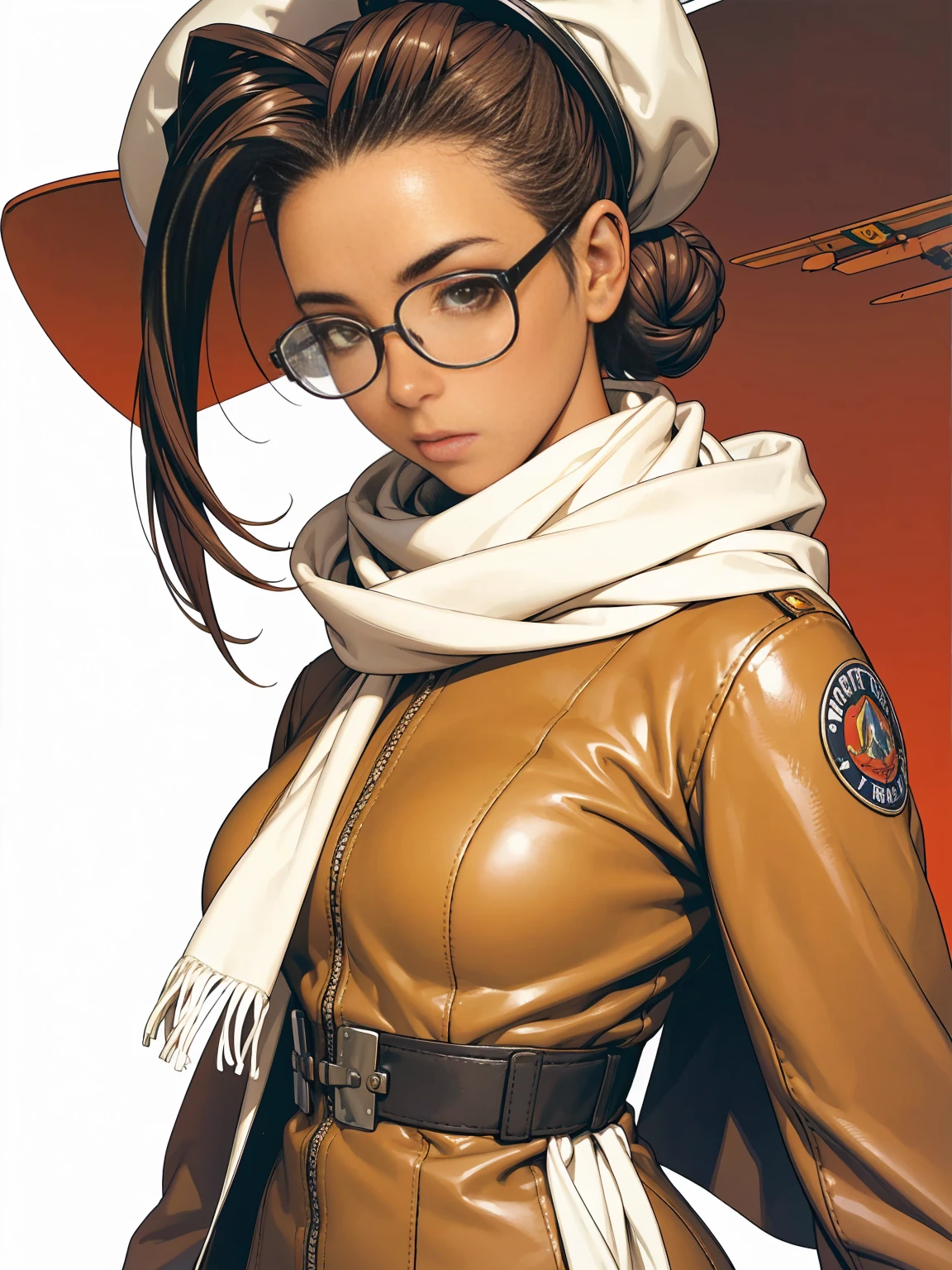 Beautiful African American woman in aviator jacket, white scarf and bomber aviator hat with glasses next to a plane, digitalpainting, Digital illustration, extreme detail, digitl art, 4K, ultra HD. Your skin is deep, rich color and her hair is pulled back into a bun