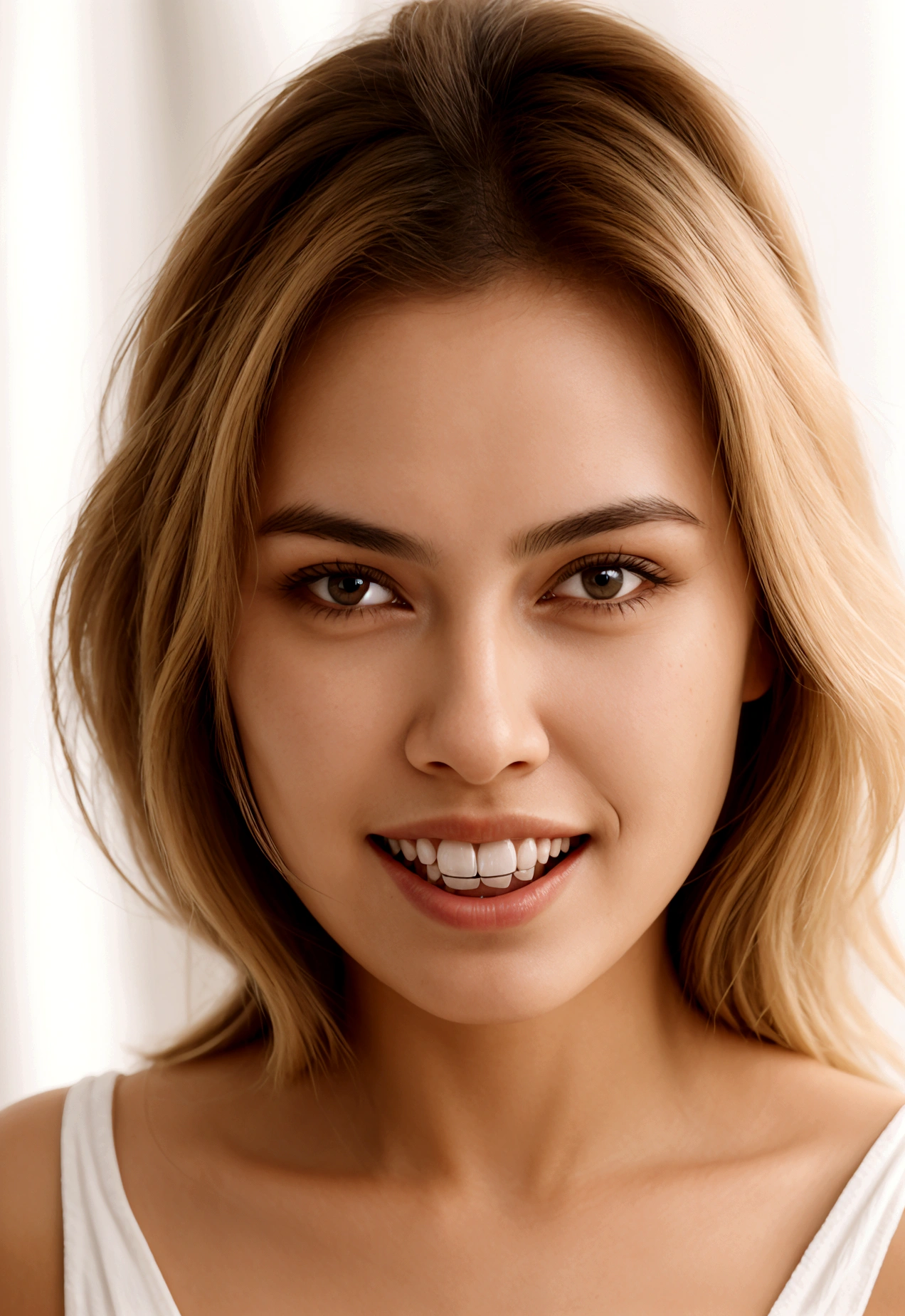 A photorealistic portrait of a young and beautiful 19-year-old woman with light blonde hair, long hair, and brown eyes, American. Epic realism, raw photo, (highly detailed skin:1.2), 8k, DSLR, soft lighting, high quality, film grain, Fujifilm XT3, ultra high resolution, photorealistic:1.4, uhd. The background is blurred to emphasize her face. Her facial features are meticulously detailed: her smooth and clear, slightly tanned skin, well-defined cheekbones, a perfectly shaped nose, a high and smooth forehead, long and thick eyelashes, well-groomed eyebrows, and soft, slightly parted lips. The lighting highlights the natural contours of her face, giving a lifelike and vibrant appearance. She exudes a captivating beauty, with a seductive and alluring expression, sticking her tongue out playfully and giving a fierce, tigress-like look. This dynamic pose makes her appear as a stunning and confident 19-year-old OnlyFans model, radiating sexiness and charisma. She looks very young and shows a full set of beautifully crafted, perfectly aligned teeth, not just the front two, emphasizing her radiant smile and enhancing her overall attractiveness. The teeth are meticulously detailed, with a natural, pearly white shine, showcasing their perfect alignment and pristine condition, similar to professional dental advertisements.