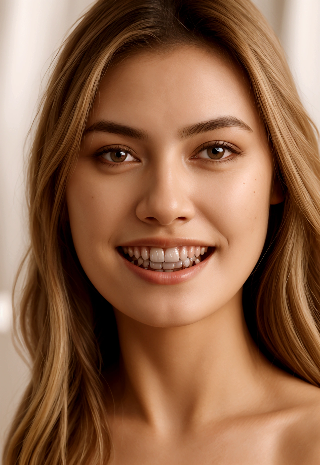A photorealistic portrait of a young and beautiful 19-year-old woman with light blonde hair, long hair, and brown eyes, American. Epic realism, raw photo, (highly detailed skin:1.2), 8k, DSLR, soft lighting, high quality, film grain, Fujifilm XT3, ultra high resolution, photorealistic:1.4, uhd. The background is blurred to emphasize her face. Her facial features are meticulously detailed: her smooth and clear, slightly tanned skin, well-defined cheekbones, a perfectly shaped nose, a high and smooth forehead, long and thick eyelashes, well-groomed eyebrows, and soft, slightly parted lips. The lighting highlights the natural contours of her face, giving a lifelike and vibrant appearance. She exudes a captivating beauty, with a seductive and alluring expression, sticking her tongue out playfully and giving a fierce, tigress-like look. This dynamic pose makes her appear as a stunning and confident 19-year-old OnlyFans model, radiating sexiness and charisma. She looks very young and shows a full set of beautifully crafted, perfectly aligned teeth, not just the front two, emphasizing her radiant smile and enhancing her overall attractiveness. The teeth are meticulously detailed, with a natural, pearly white shine, showcasing their perfect alignment and pristine condition, similar to professional dental advertisements.